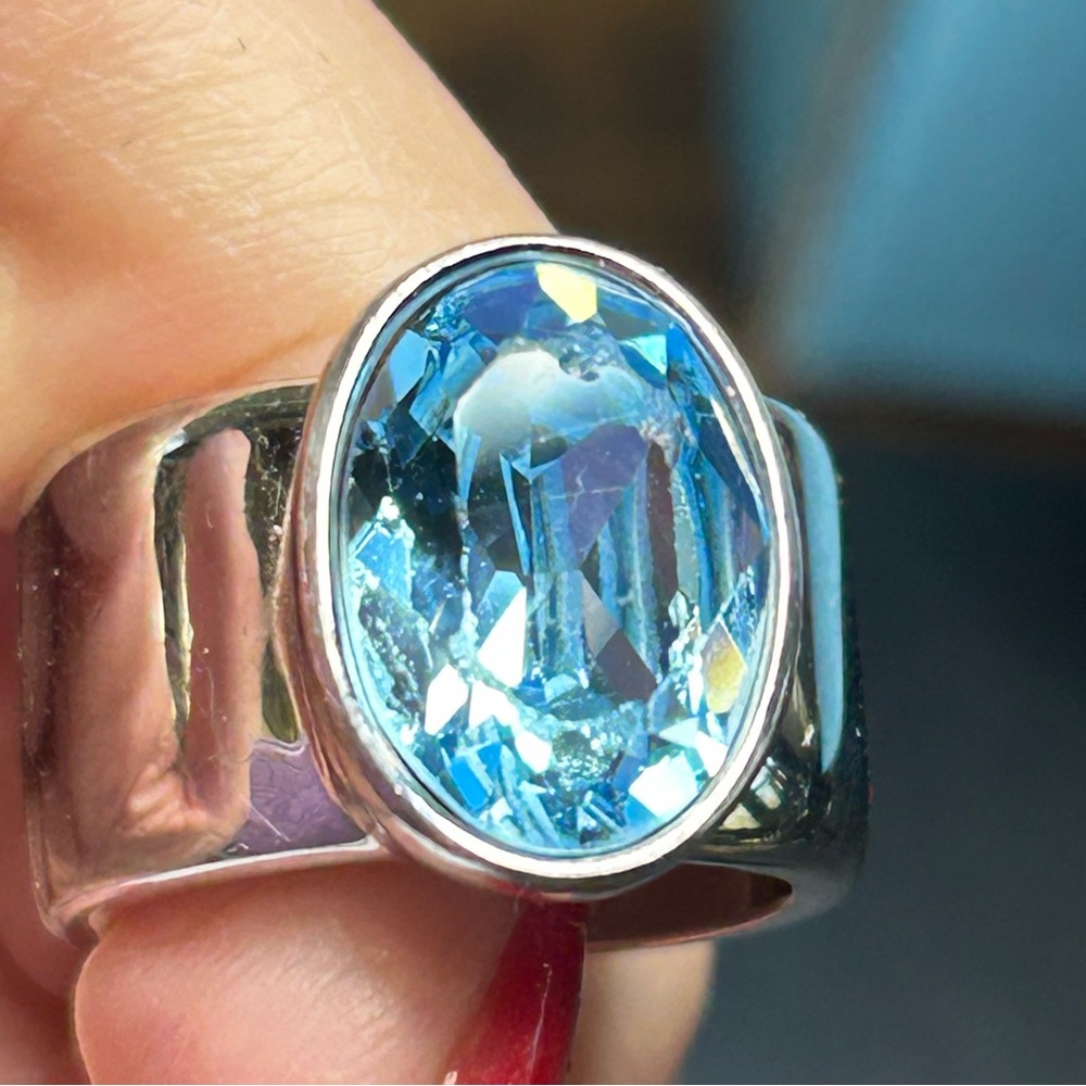 Swarovski Silver Ring with Blue Oval Crystal